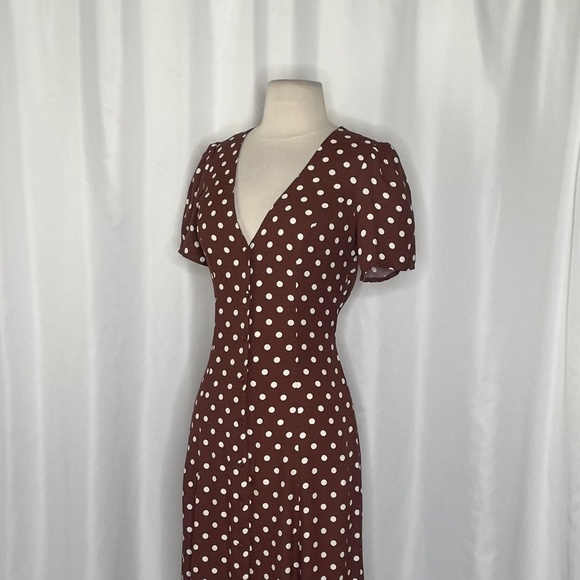 REFORMATION Locklin Dress Brown White Polka Dot Midi Au Lait Chocolate Dress 2 - Picture 8 of 15